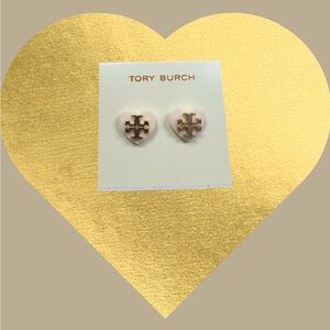 Tory Burch Gold and Cream Heart Stud Earrings